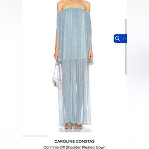 Caroline Constas Metallic Cerulean Off-Shoulder Maxi Gown